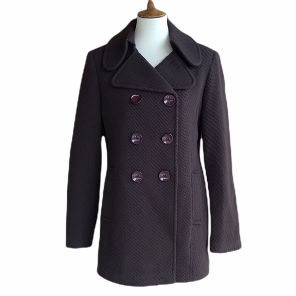Moda Intl - 90's Brown Texture Wool Pea Coat‎